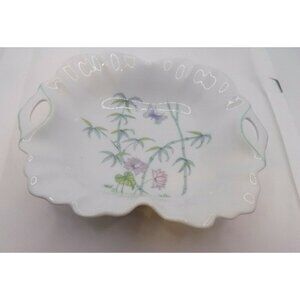 Guillen Porcelain Square Dish Ruffled Edge Handles Bamboo Flowers Butterfly
